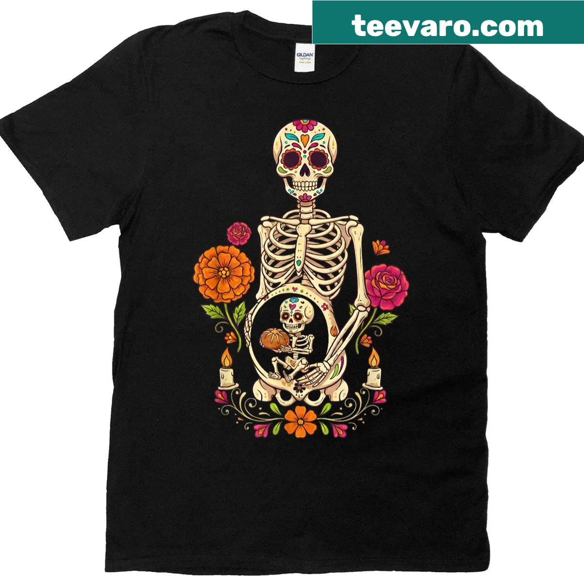 Halloween tee with skeleton and floral belly bump illustration — on a men's t-shirt