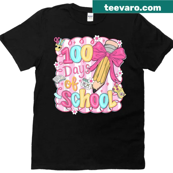 Illustration of a girl with a pencil bow on a school-themed T-shirt