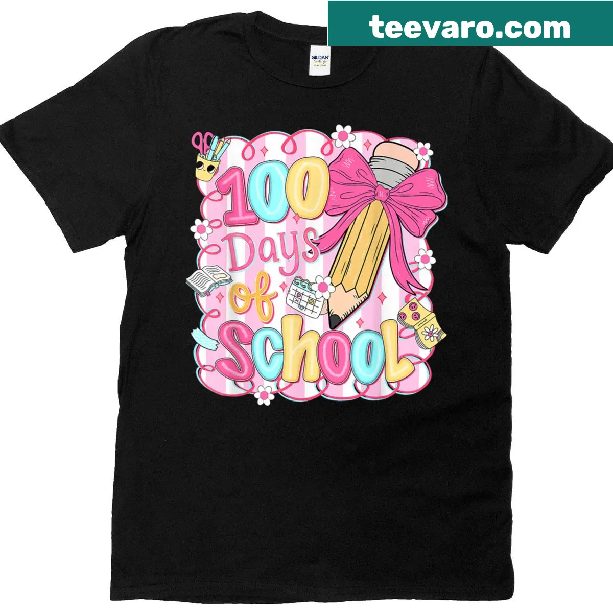 Illustration of a girl with a pencil bow on a school-themed T-shirt — on a men's t-shirt