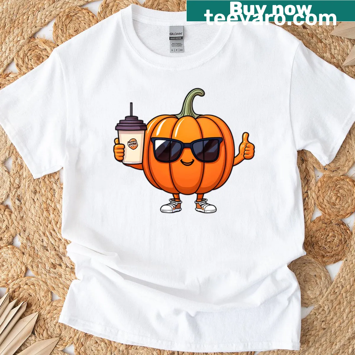 Cute T-shirt featuring Pumpkin Latte Vibes illustration — on a men's t-shirt