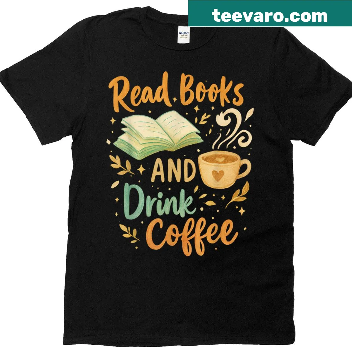Charming graphic tee combining books and coffee with a fall aesthetic — on a men's t-shirt