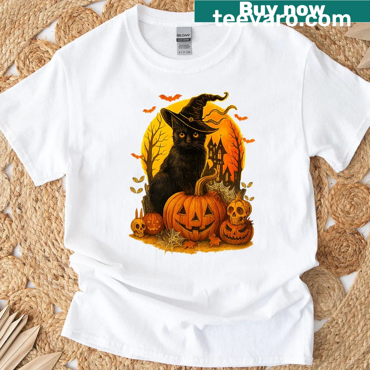 Halloween-themed t-shirt with a retro black cat and pumpkin design — on a men's t-shirt