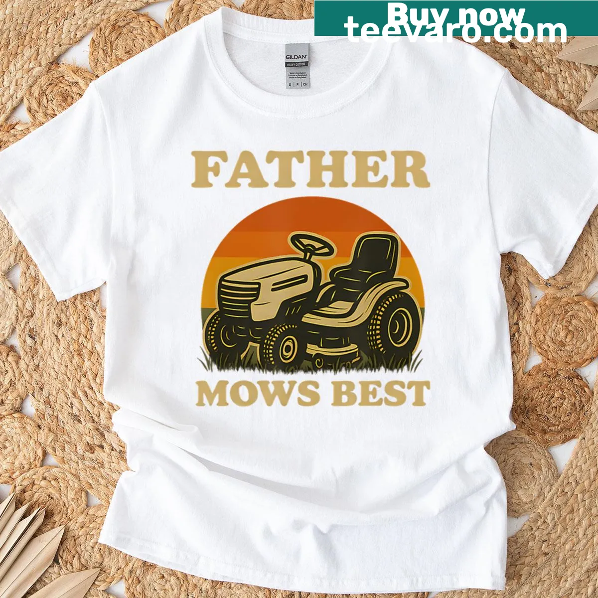 Retro dad t-shirt with 'Father Mows Best' slogan — on a men's t-shirt