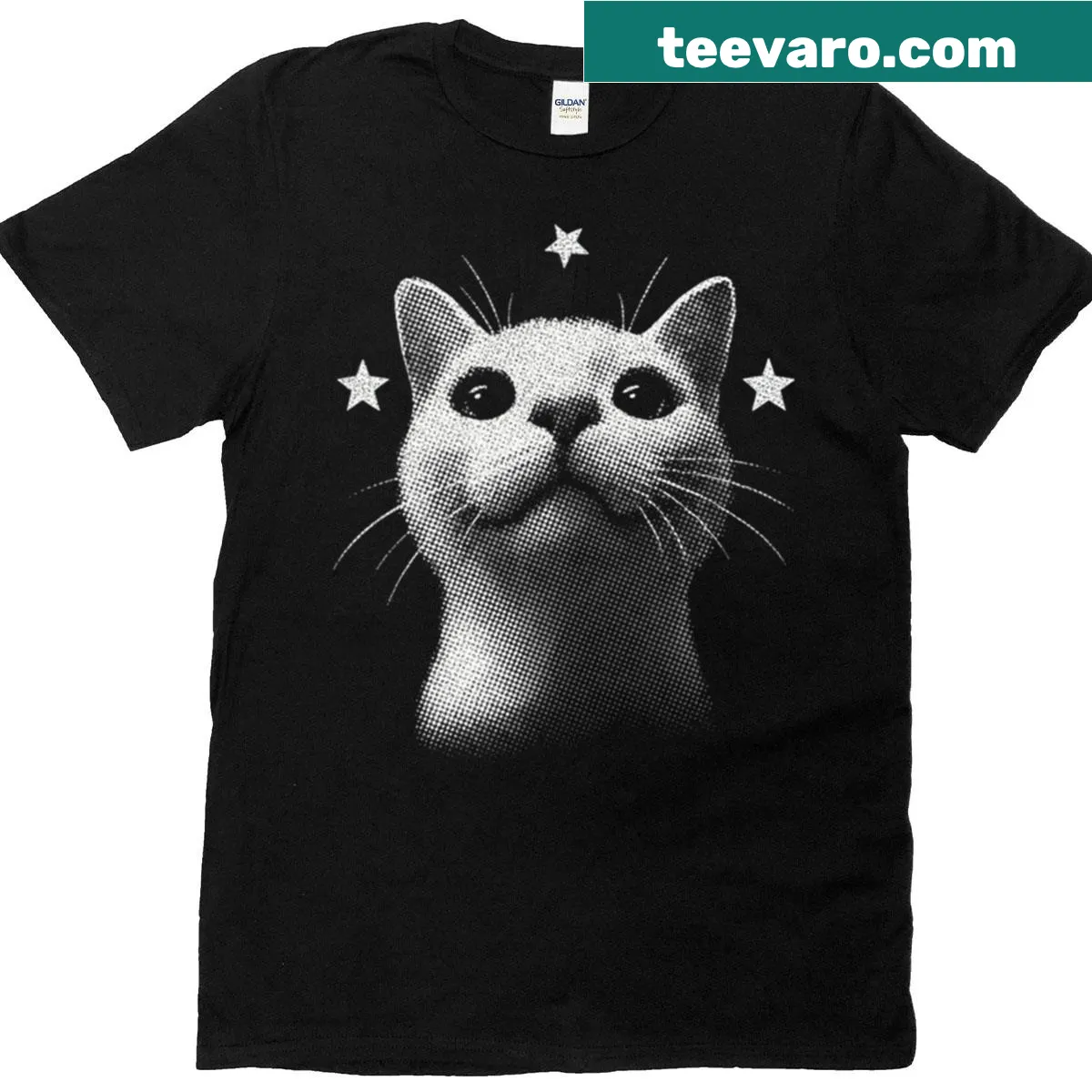 Retro-style T-shirt featuring a cat with starry eyes — on a men's t-shirt