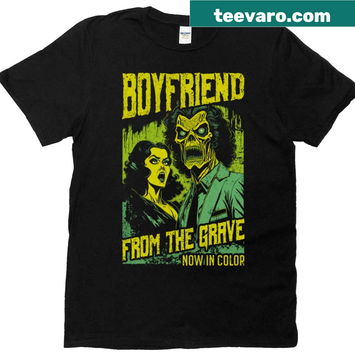 Zombie boyfriend design T-shirt with retro horror movie poster style — on a men's t-shirt