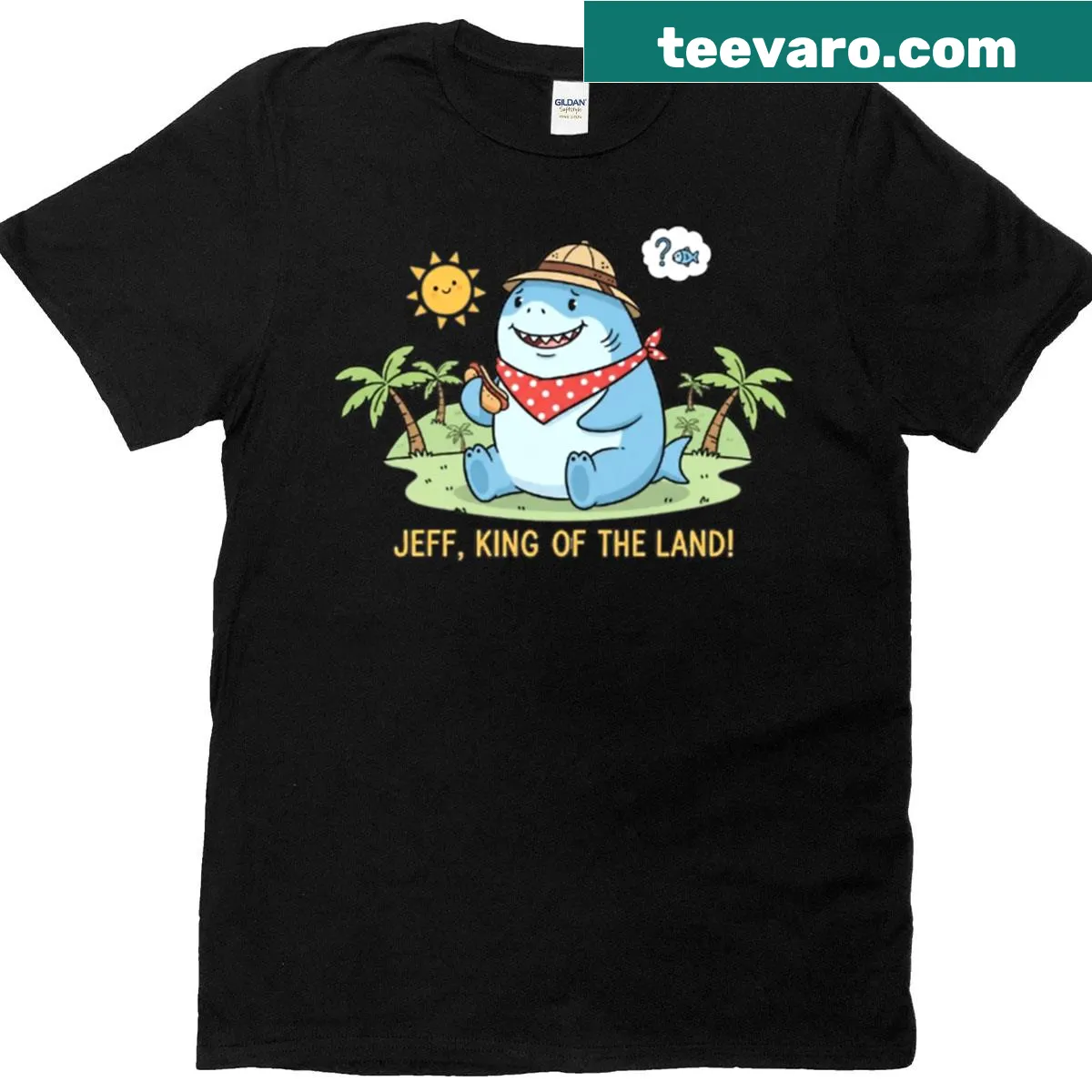 Vintage illustration of Jeff the Land Shark on a beach T-shirt — on a men's t-shirt