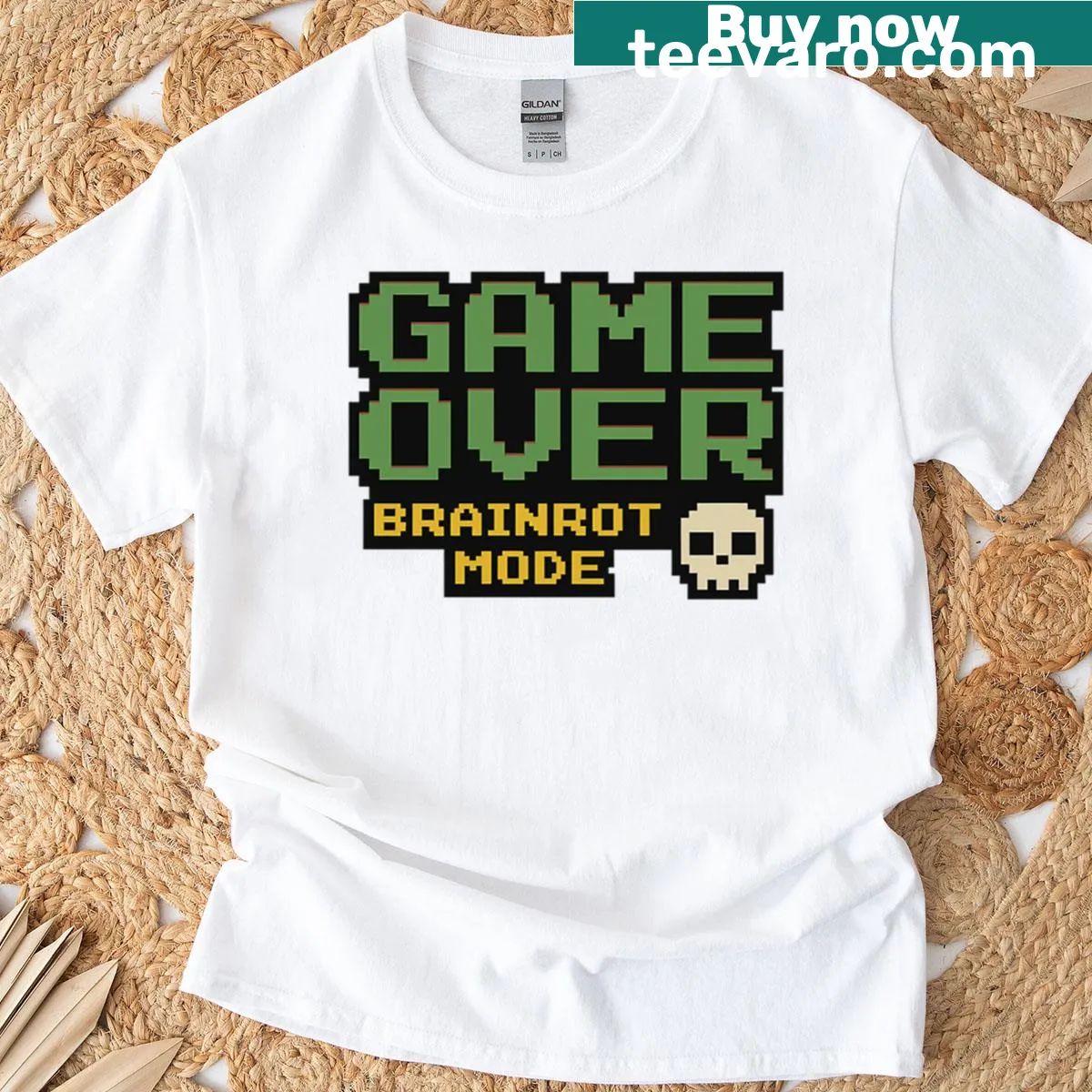 Pixel art gaming graphic with 'Game Over' text on a T-shirt — on a men's t-shirt