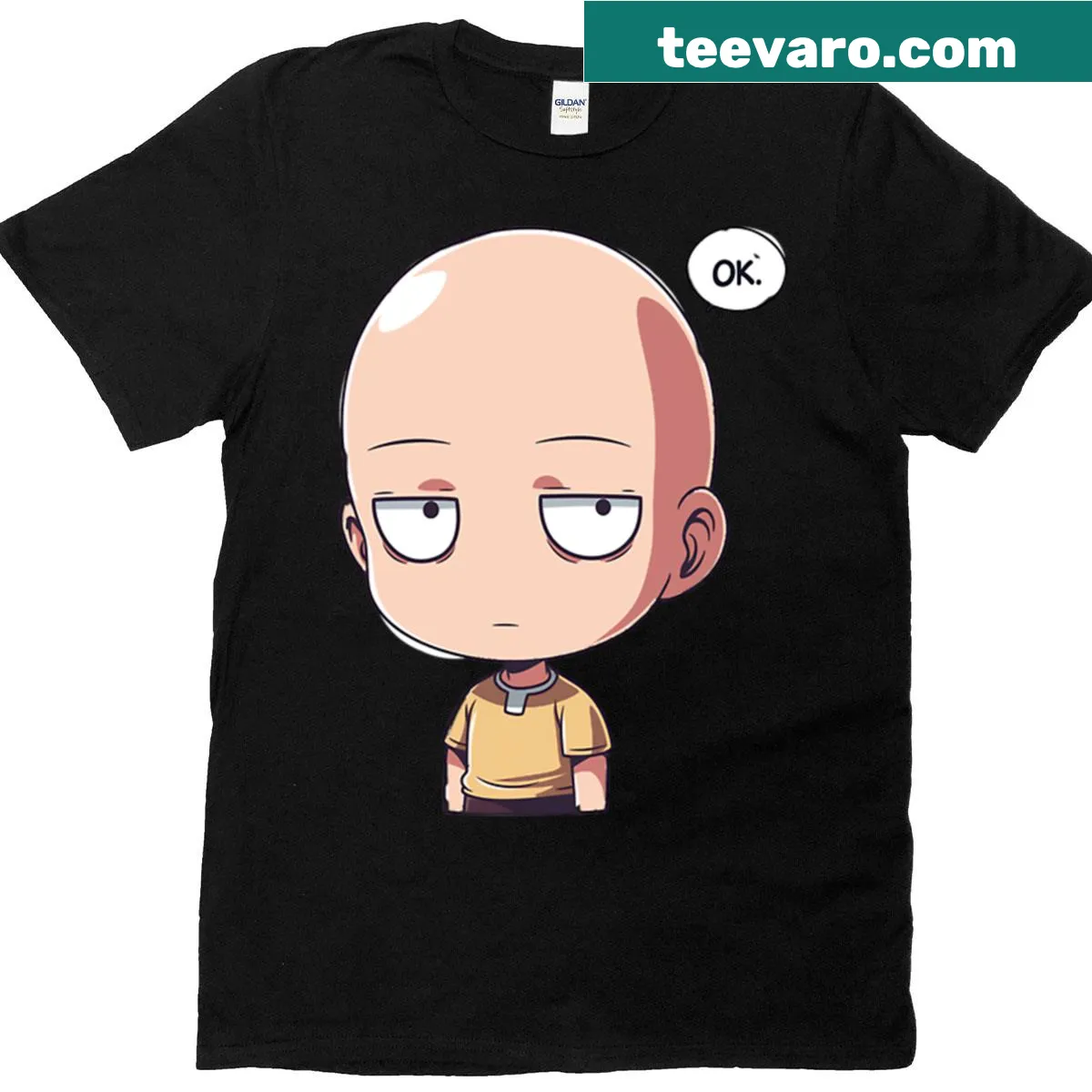 Cartoon Saitama design with flat face and the words 'Says Ok' — on a men's t-shirt