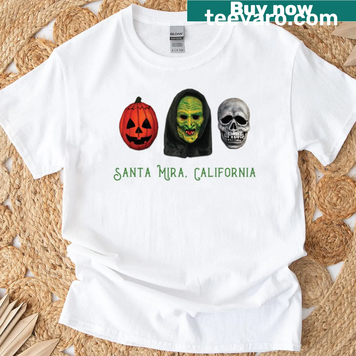 T-shirt featuring an artistic graphic of Santa Mira, California — on a men's t-shirt