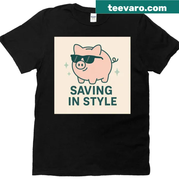 Cute piggy bank graphic with money meme text on a t-shirt