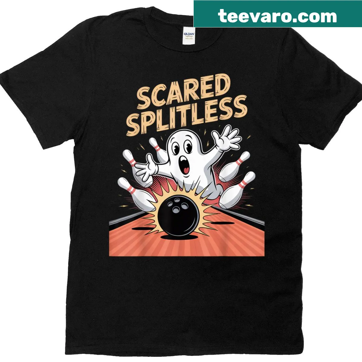 Funny ghost bowling graphic on a Halloween t-shirt — on a men's t-shirt