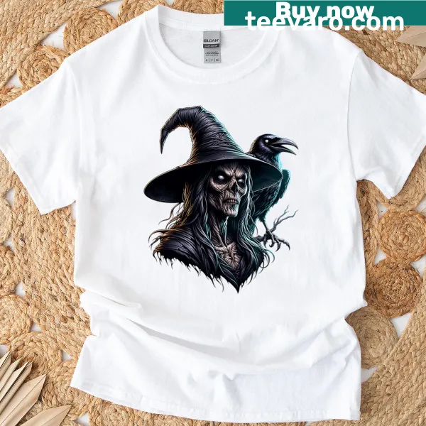 Vintage distressed t-shirt featuring a witch and raven graphic
