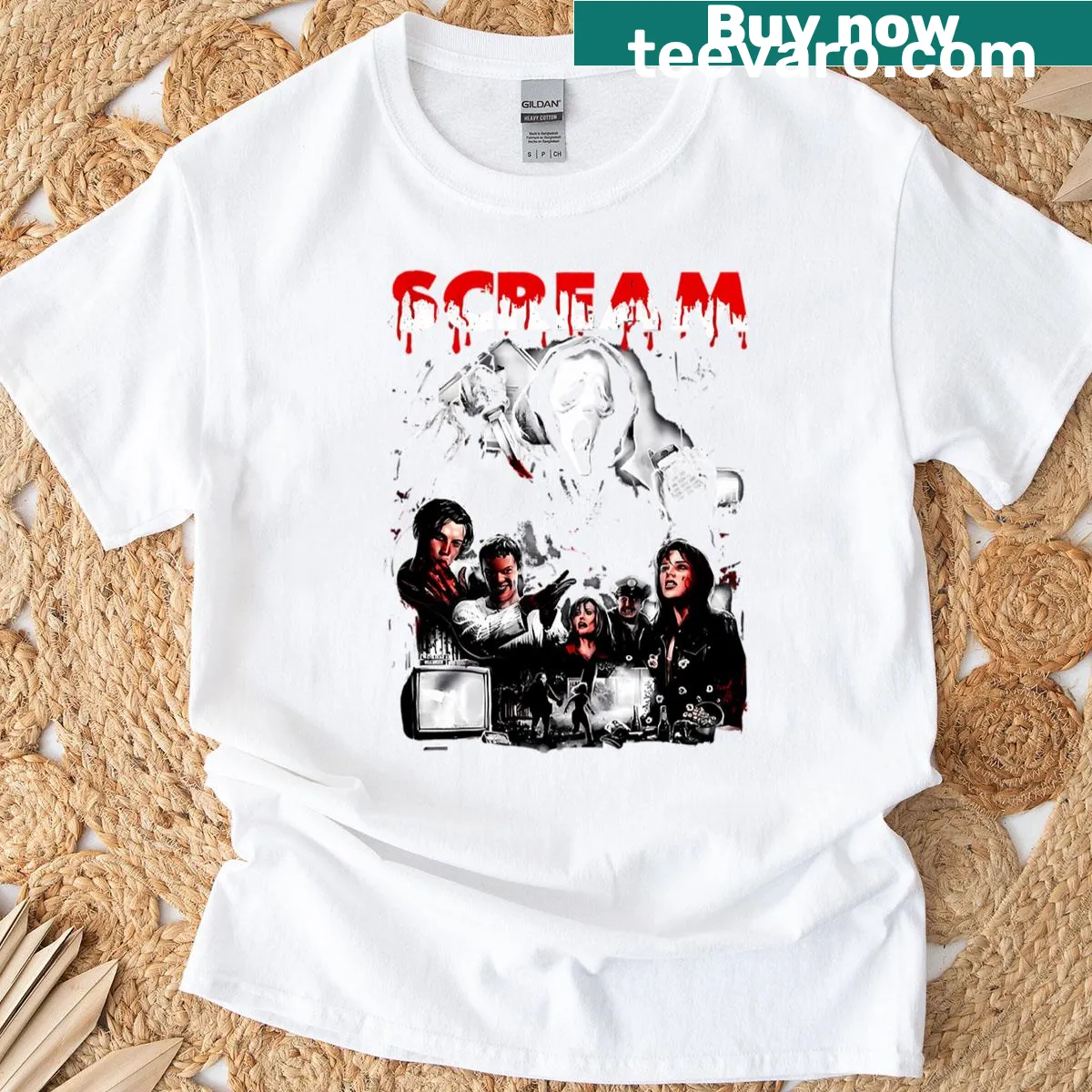 Vintage horror movie t-shirt with a screams graphic — on a men's t-shirt