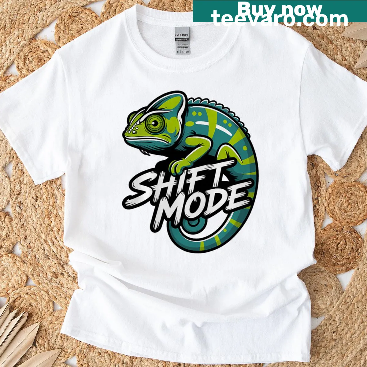 Shift Mode text graphic in playful typography — on a men's t-shirt