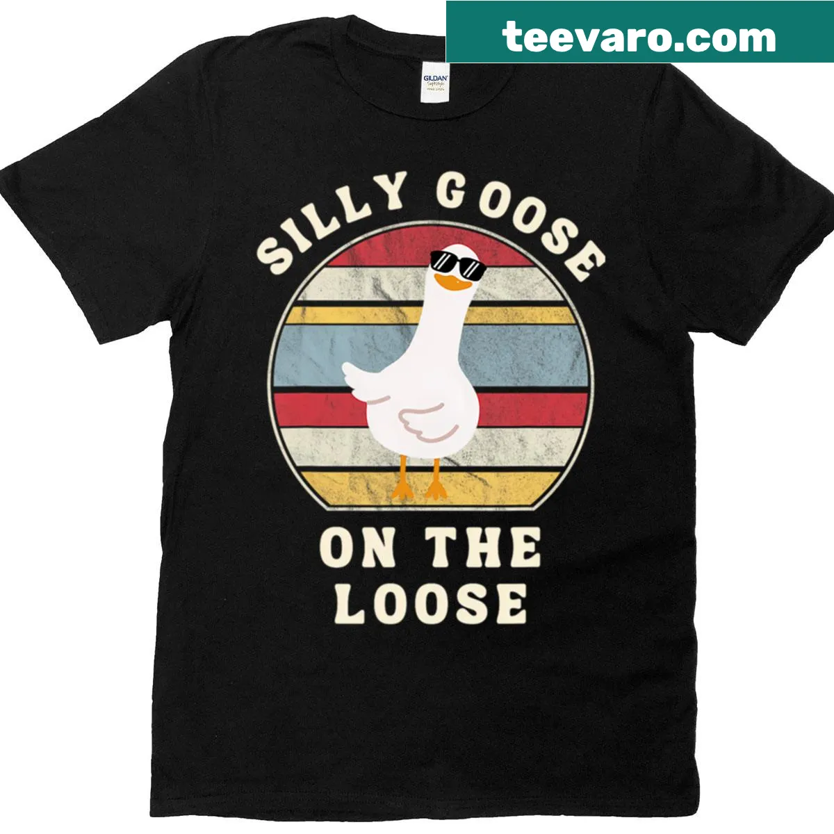 Playful cartoon of a silly goose on a humorous t-shirt — on a men's t-shirt