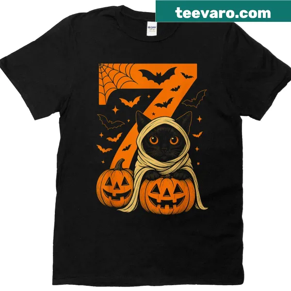 Cartoon Halloween t-shirt with a black cat, pumpkins, and ghosts.