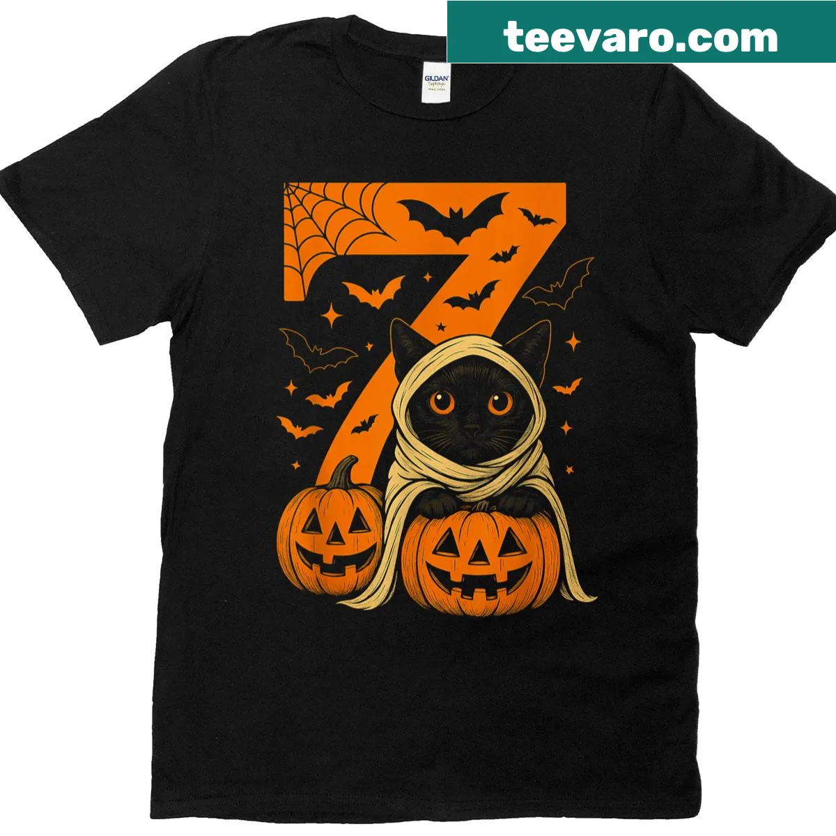 Cartoon Halloween t-shirt with a black cat, pumpkins, and ghosts. — on a men's t-shirt