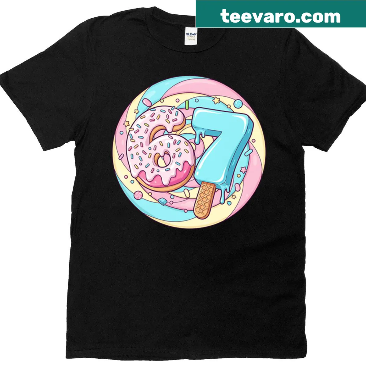 Funny ice cream drip graphic with number 67 on a t-shirt — on a men's t-shirt