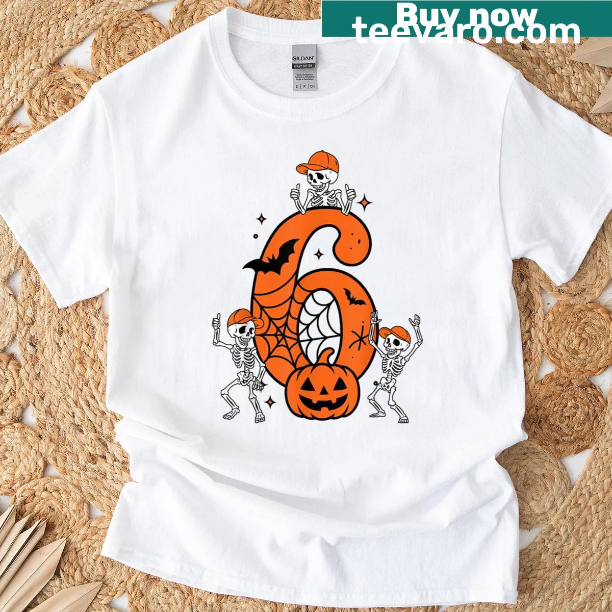Halloween t-shirt with '6 7' meme and dancing skeleton graphic — on a men's t-shirt