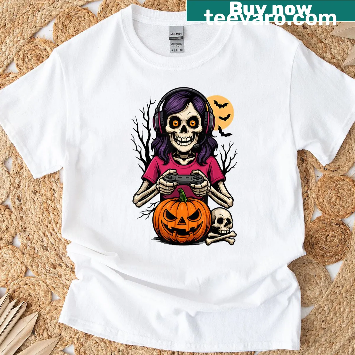 Kids T-shirt featuring a cute skeleton gamer girl with Halloween elements — on a men's t-shirt