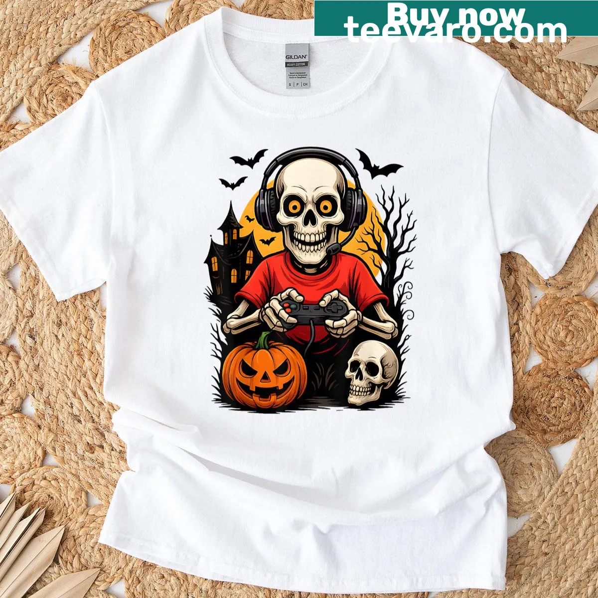 Halloween t-shirt featuring a skeleton gamer playing video games. — on a men's t-shirt