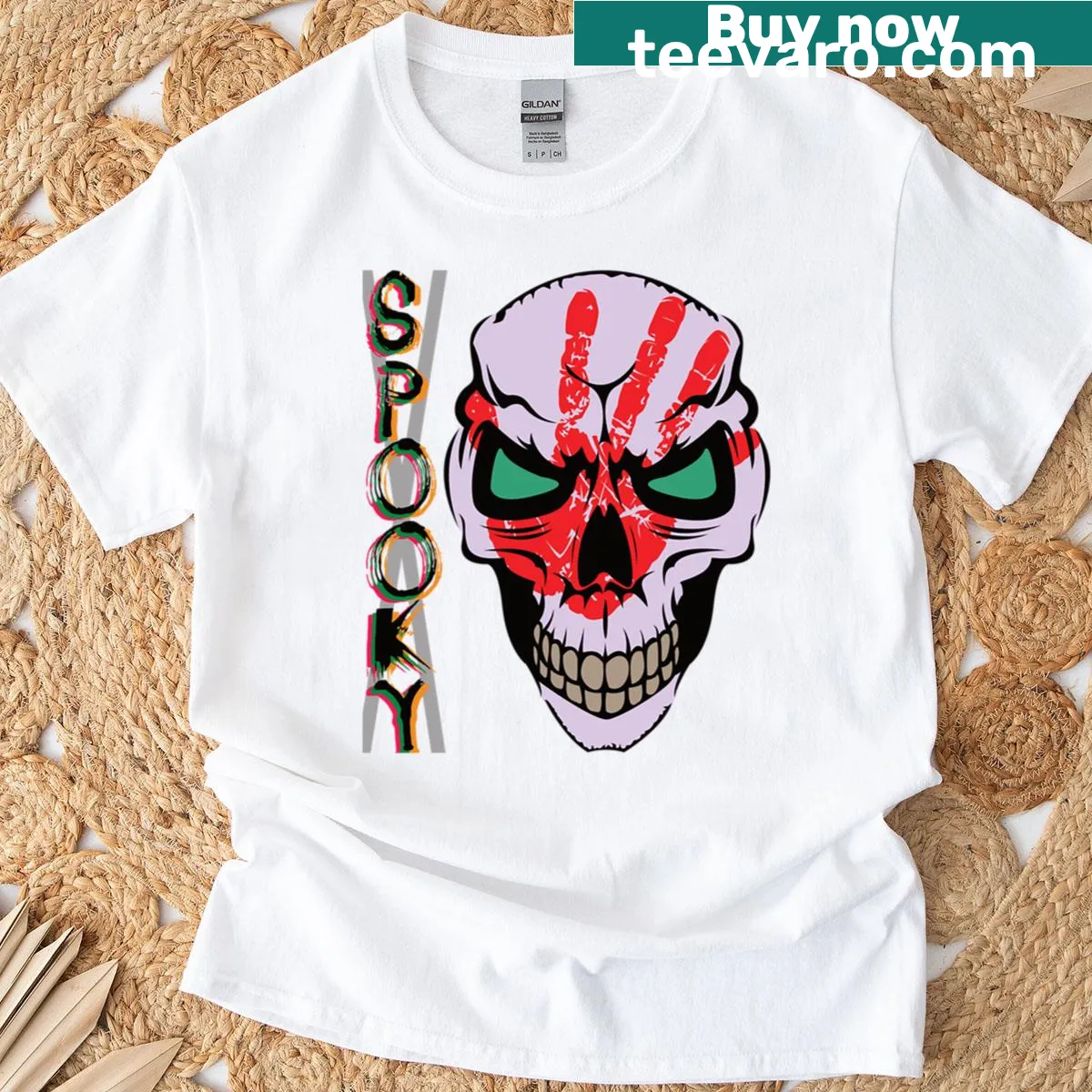 Boxy T-shirt with skull and bloody handprint graphic — on a men's t-shirt