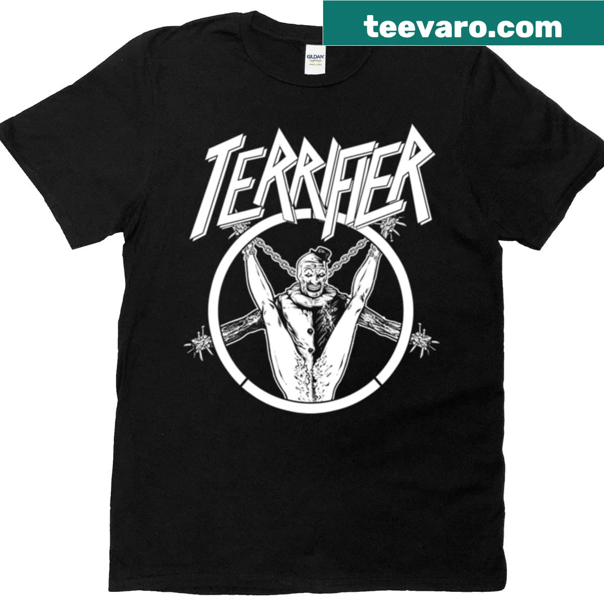 Terrifier-themed T-shirt featuring a slasher figure in an abyss design — on a men's t-shirt