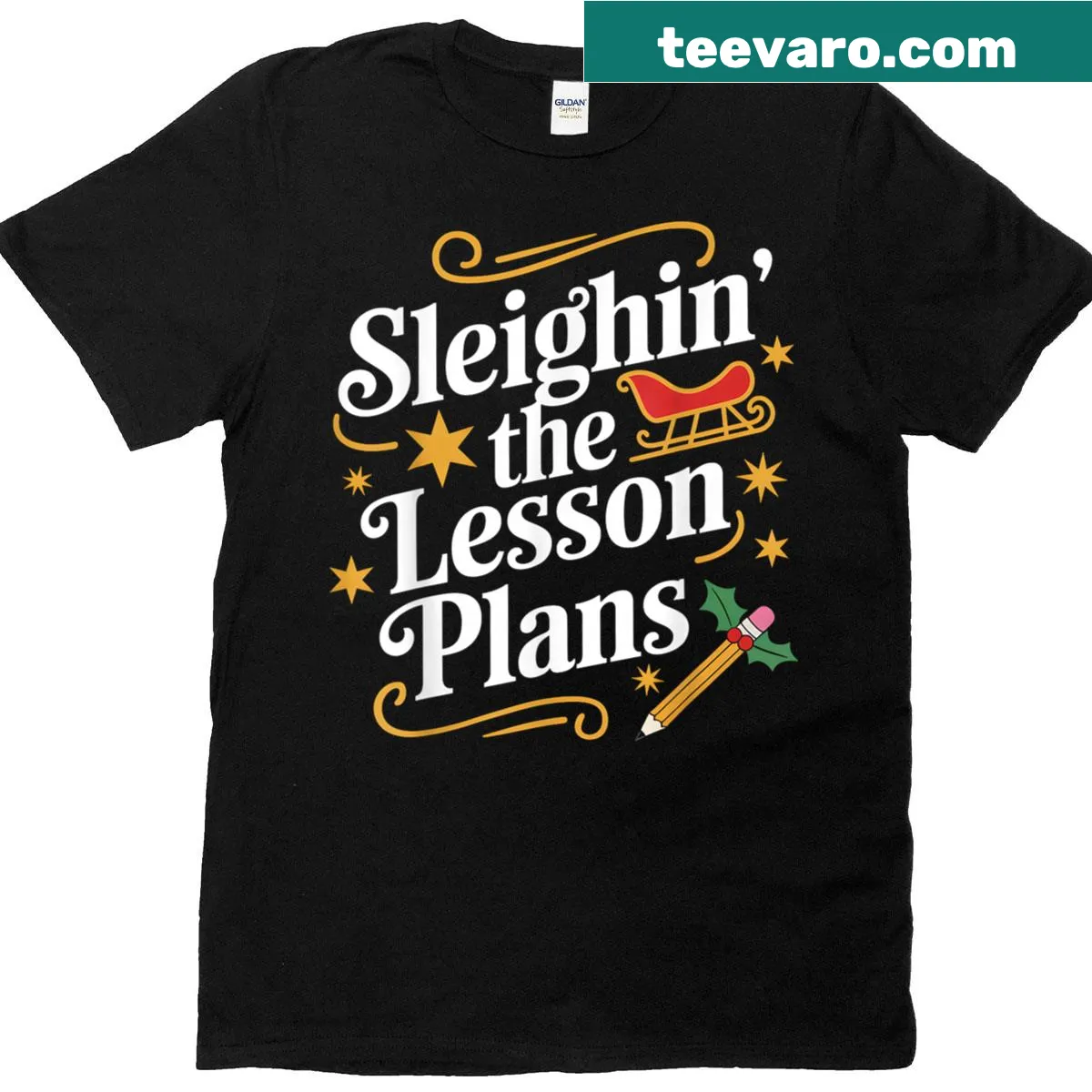Funny teacher Christmas t-shirt with sleigh graphic and humorous text — on a men's t-shirt