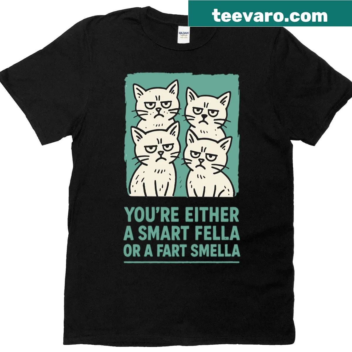 Funny cat graphic with Smart Fella Or Fart Smella text on a t-shirt — on a men's t-shirt