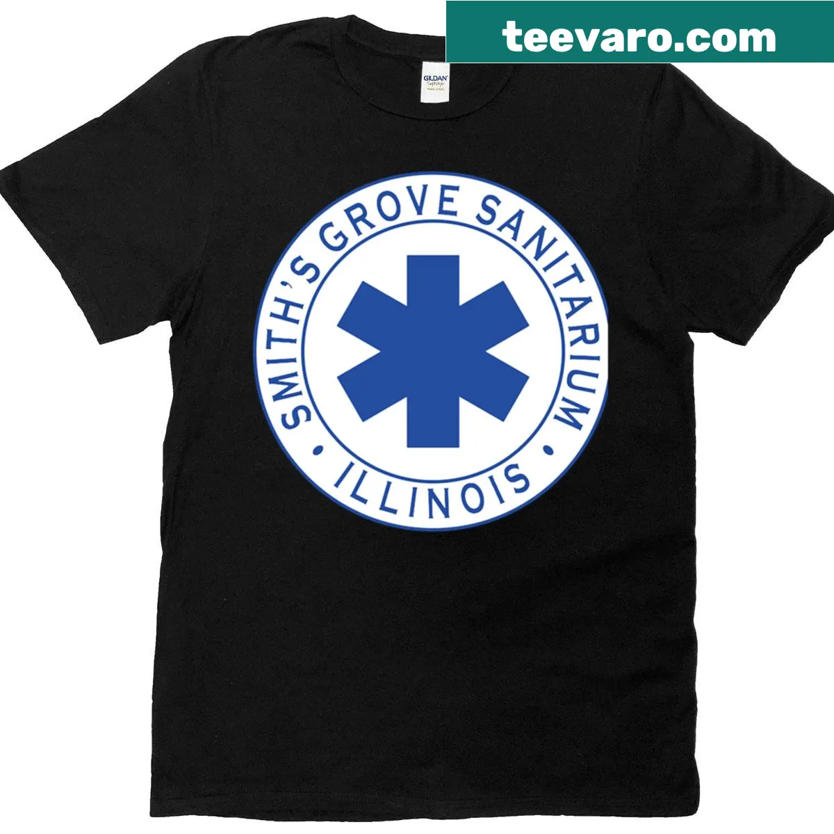 Badge-style T-shirt featuring Smiths Grove Sanitarium design — on a men's t-shirt