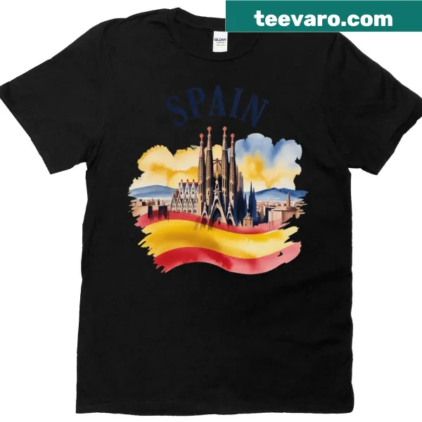Vintage watercolor Spain flag t-shirt depicting scenic cultural elements.