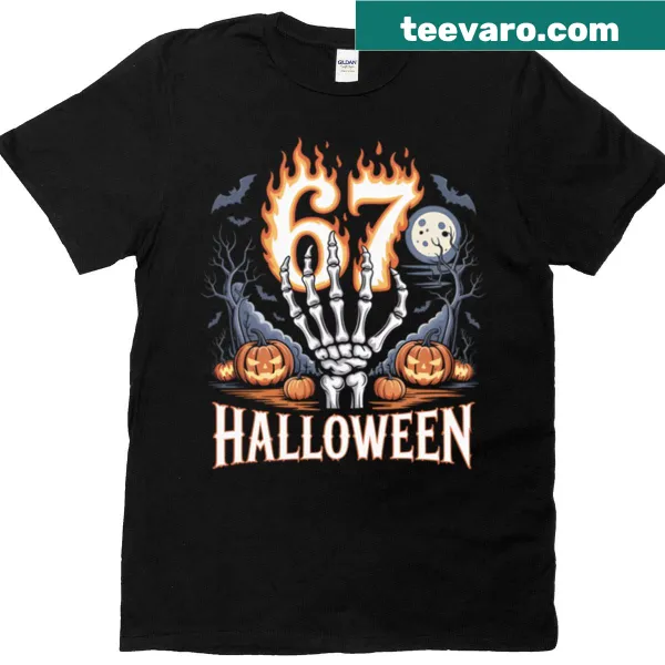 Halloween t-shirt with spooky skeleton design featuring the '6 7' meme.