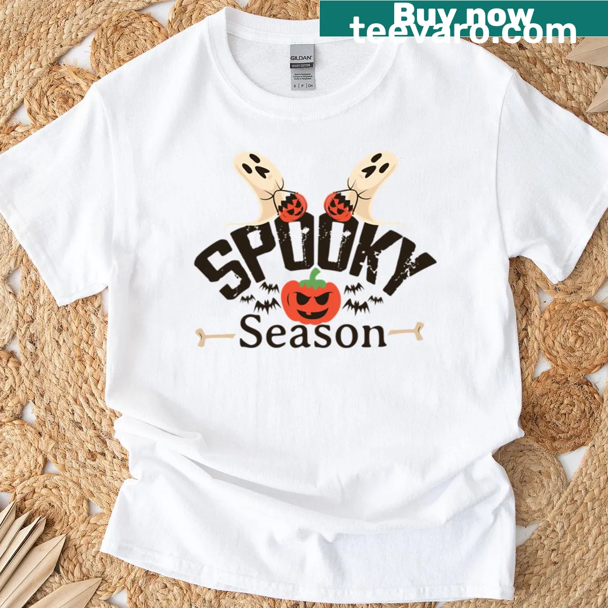 Playful Halloween graphics on a spooky season t-shirt — on a men's t-shirt