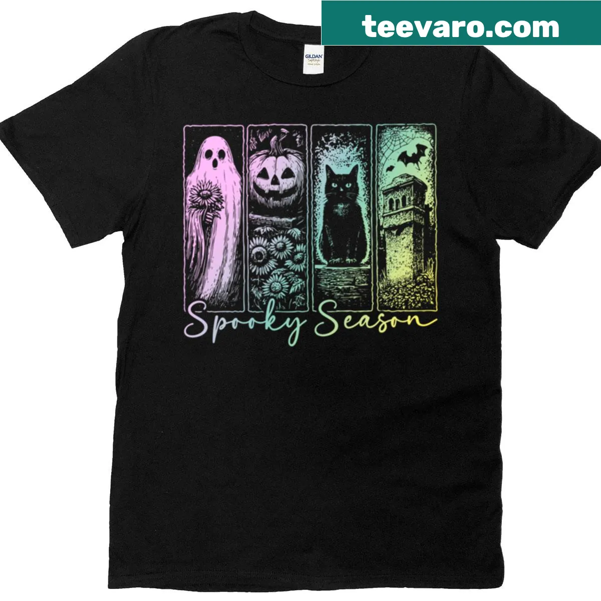 Vintage Halloween-themed t-shirt depicting playful spooky graphics. — on a men's t-shirt