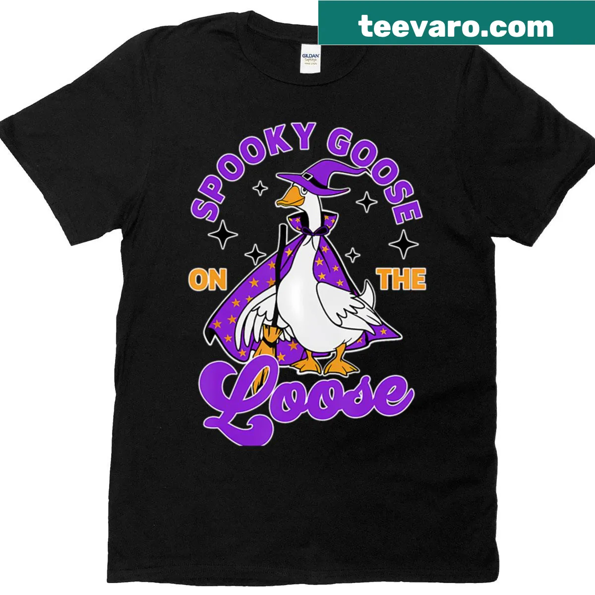 Silly Halloween t-shirt featuring a cartoon goose for playful spirits. — on a men's t-shirt