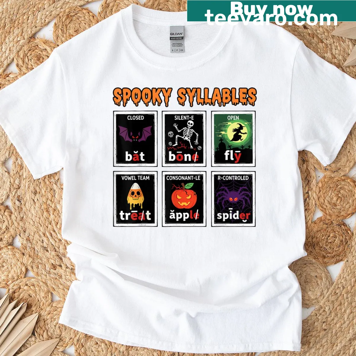 Funny Halloween teacher t-shirt with skeletons and bats illustration — on a men's t-shirt