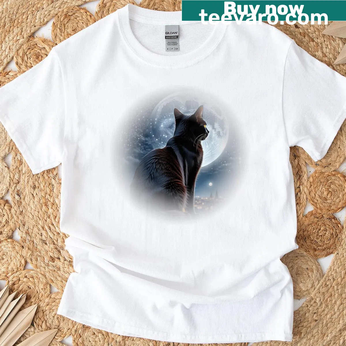 Whimsical black cat illustration on a starry night T-shirt — on a men's t-shirt