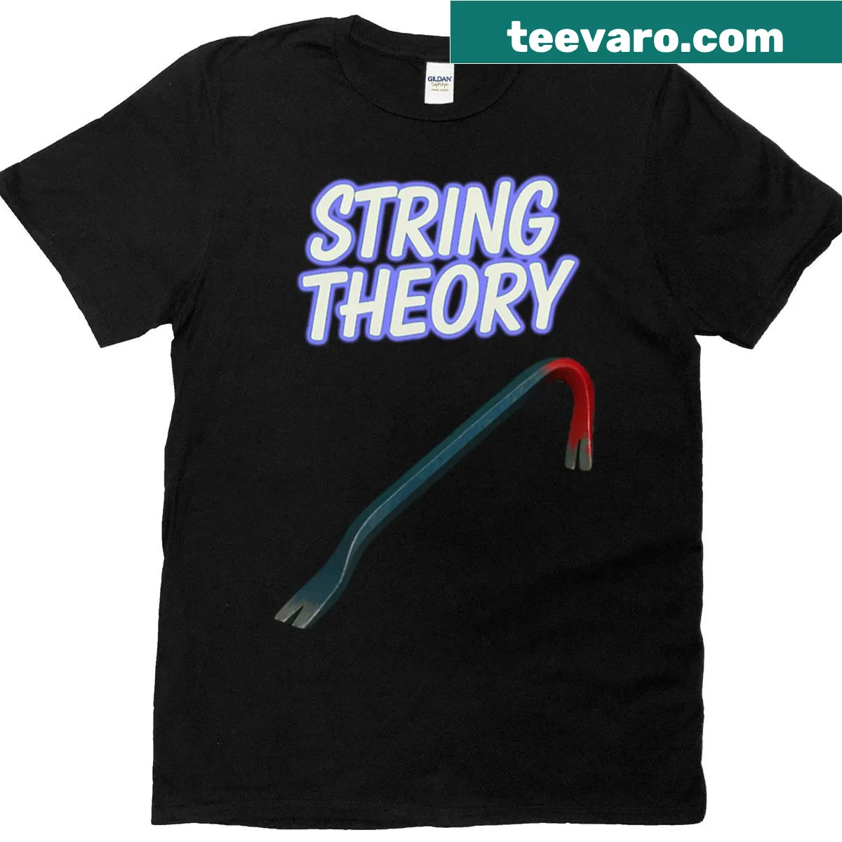 T-shirt with a crowbar and string theory design illustration — on a men's t-shirt