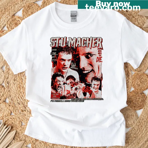 T-shirt featuring a spooky graphic of Stu Macher from a horror movie.