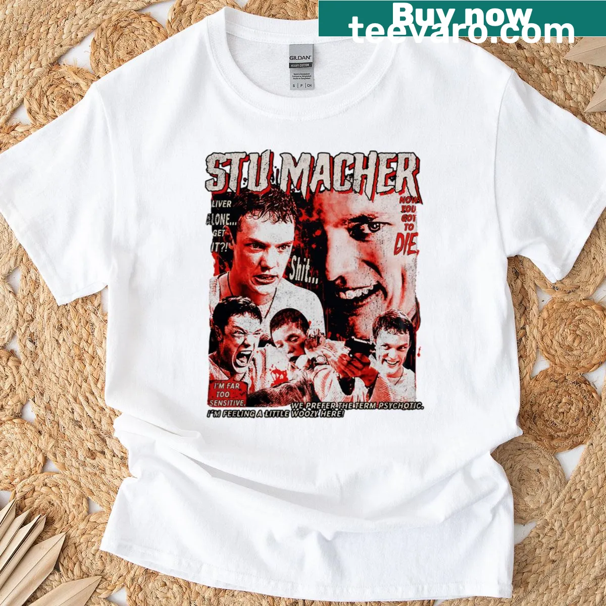 T-shirt featuring a spooky graphic of Stu Macher from a horror movie. — on a men's t-shirt