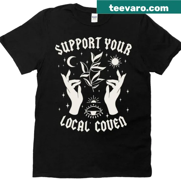 Text design promoting local covens on a T-shirt