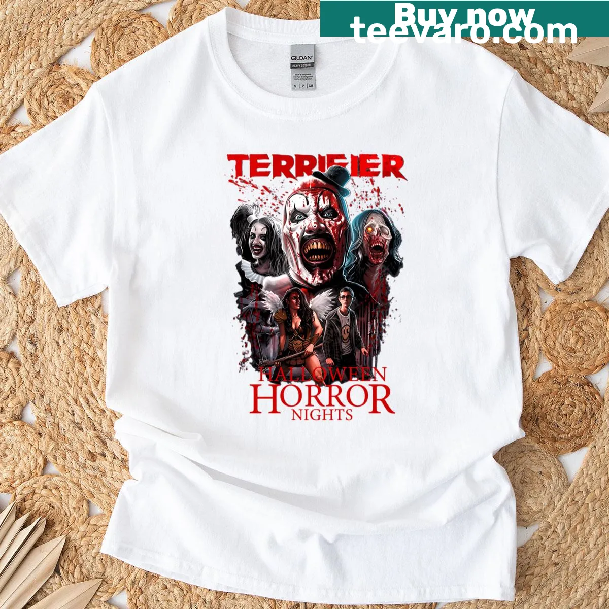 Terrifier Halloween Horror Nights t-shirt featuring iconic horror character — on a men's t-shirt