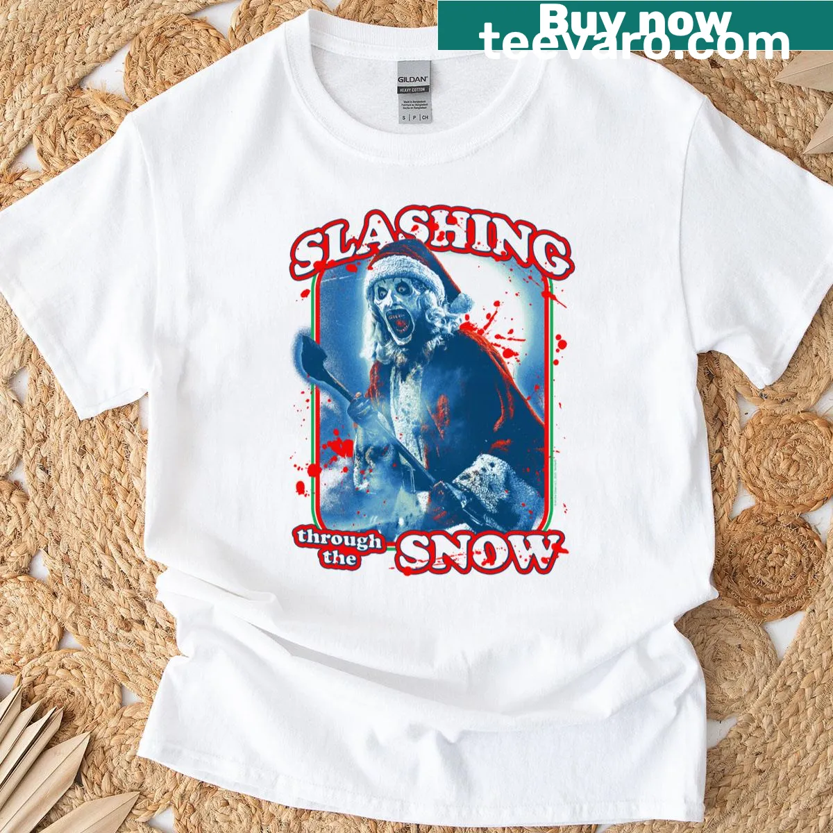 Terrifier Christmas horror movie t-shirt with chilling winter scene design — on a men's t-shirt