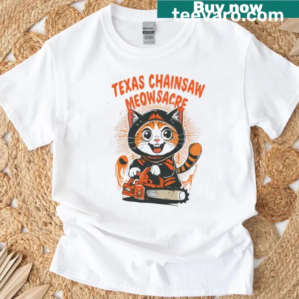 Horror-themed cat t-shirt with chainsaw and playful graphics