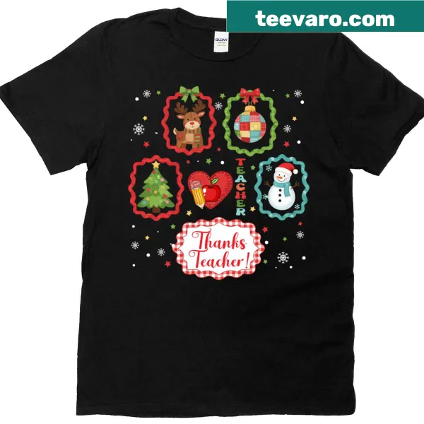 Festive T-shirt featuring Santa, reindeer, and school tools design.