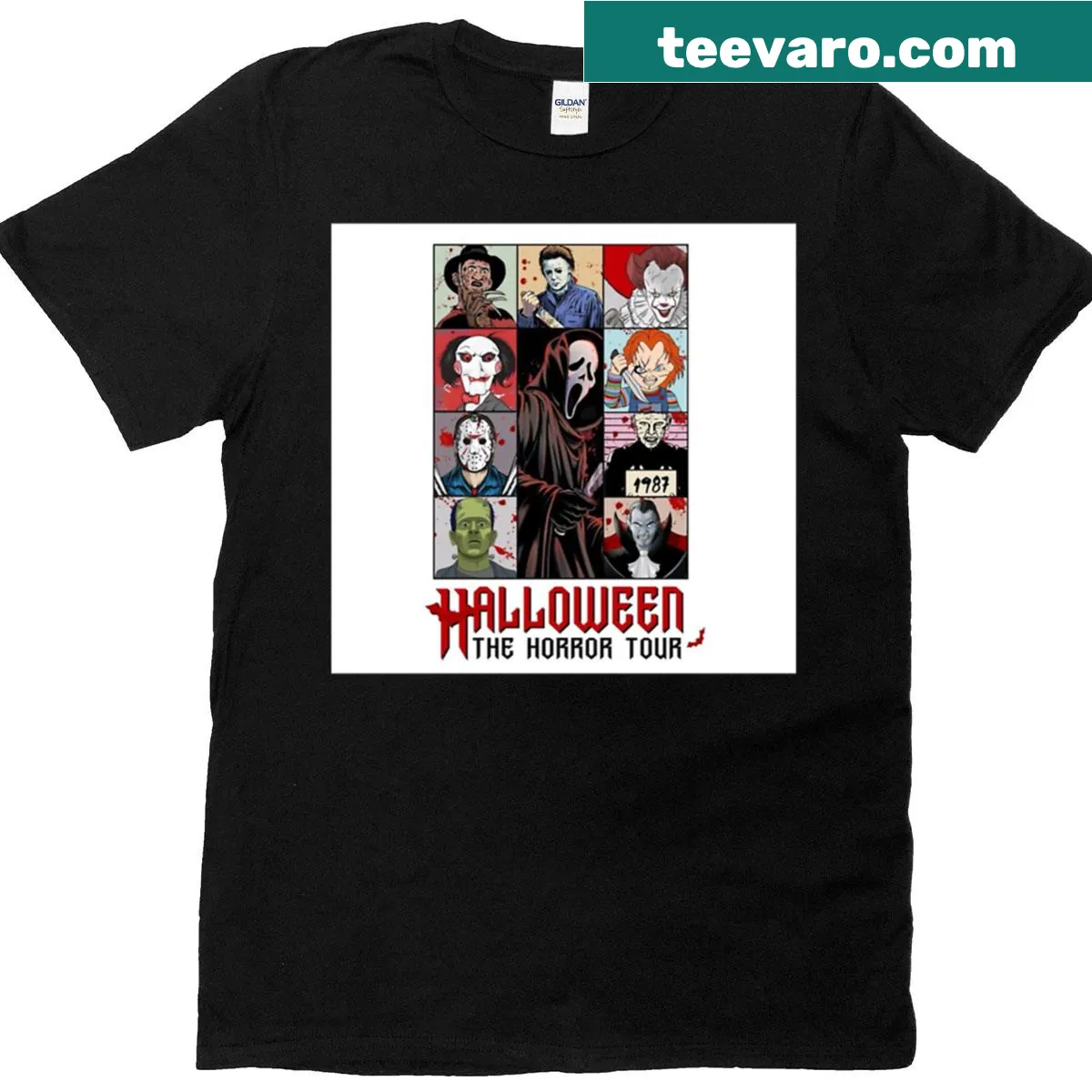 Oversized T-shirt with horror cinema icons graphic — on a men's t-shirt