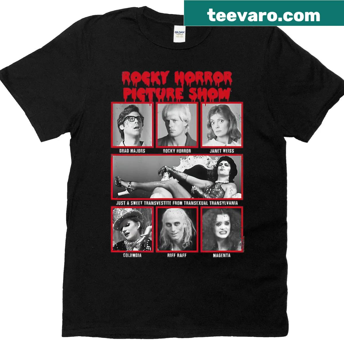 Rocky Horror Picture Show yearbook group shot graphic T-shirt — on a men's t-shirt