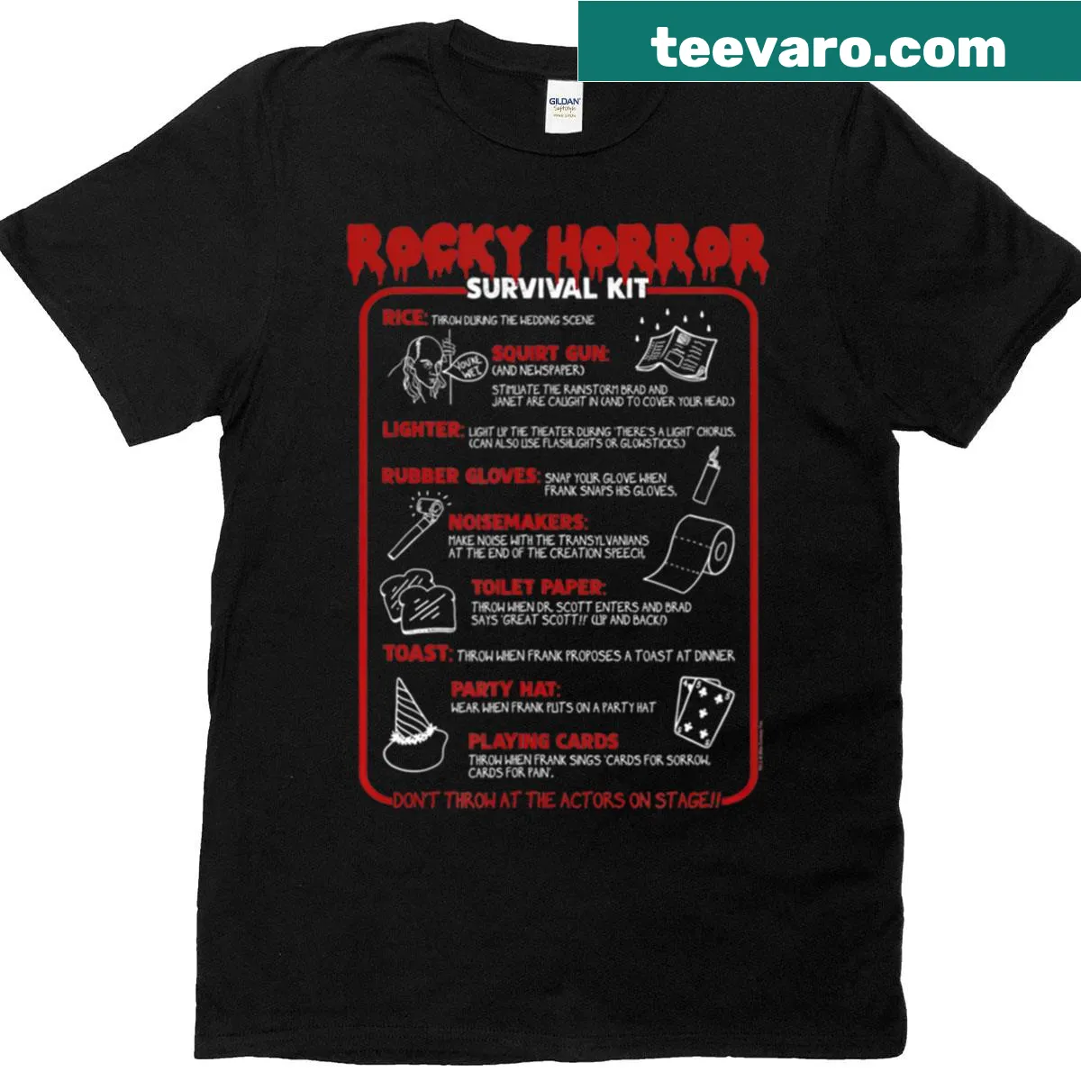 Rocky Horror Picture Show survival kit graphic T-shirt — on a men's t-shirt