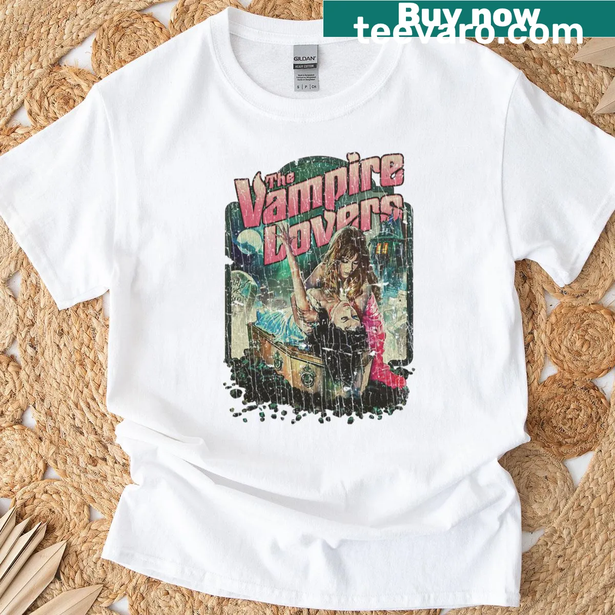 Nostalgic vampire-themed T-shirt inspired by 1970s culture — on a men's t-shirt