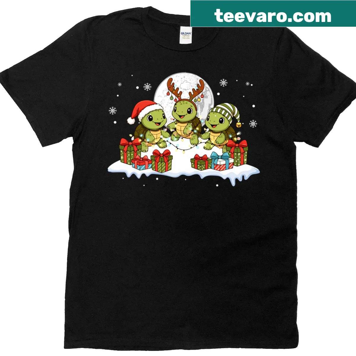 T-shirt featuring turtles dressed as Santa, reindeer, and elves — on a men's t-shirt
